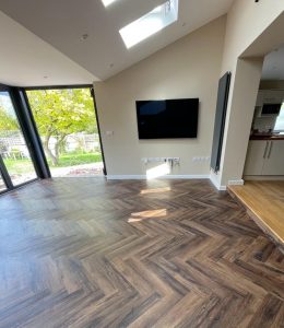 Brampton Chase Studio Designs LVT colour Chicory Haze supplied and fitted herringbone style in a new extension in Thornbury, Bristol.